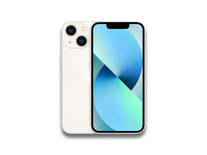 Image showing front and back of the white iPhone 13 on the white background with bit of shadow in the bottom 