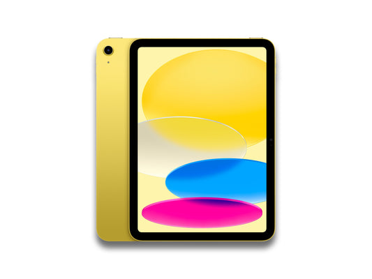 Yellow iPad 11 with colorful display on a white background