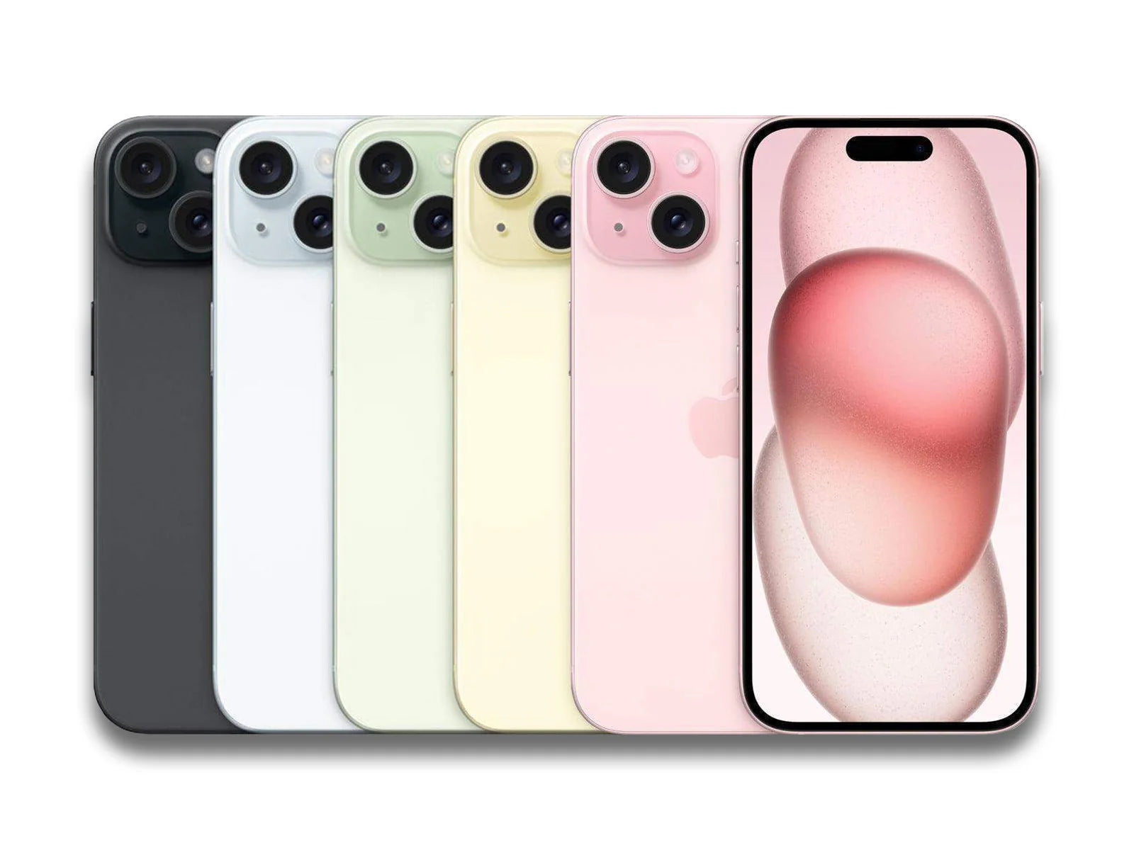Image showing colour variants of the Apple iPhone 15 front and back view on the white background