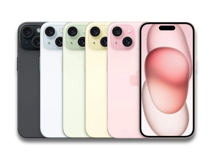 Image showing colour variants of the Apple iPhone 15 front and back view on the white background