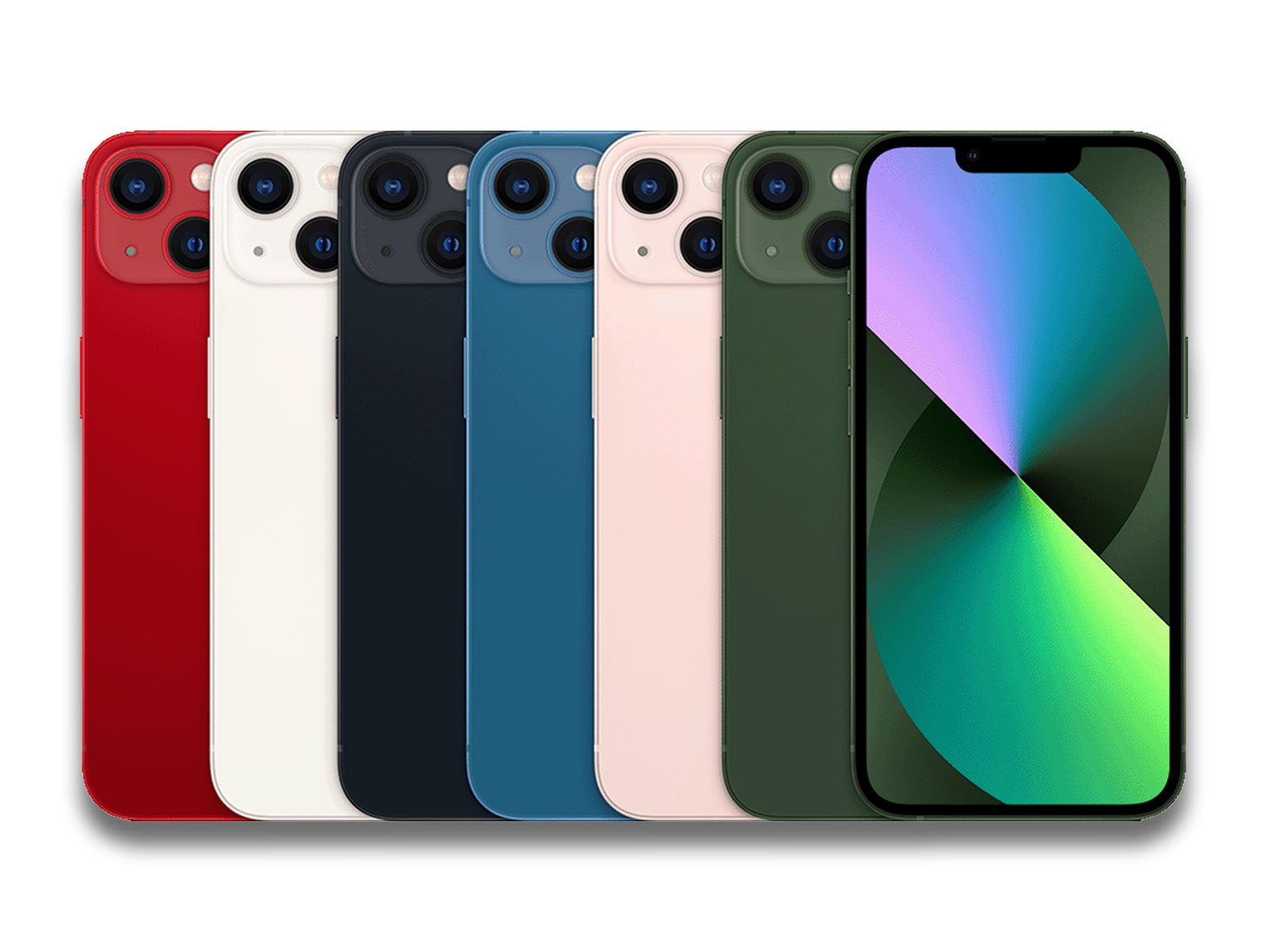 Image showing multiple colour variants of the iPhone 13 on the white background with a bit of shadow in the bottom
