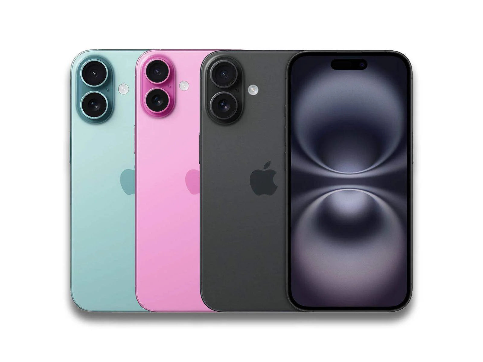 Cztery modele iPhone 16 w różnych kolorach na białym tle