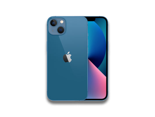 Image showing front and back of the blue iPhone 13 on the white background with bit of shadow in the bottom 
