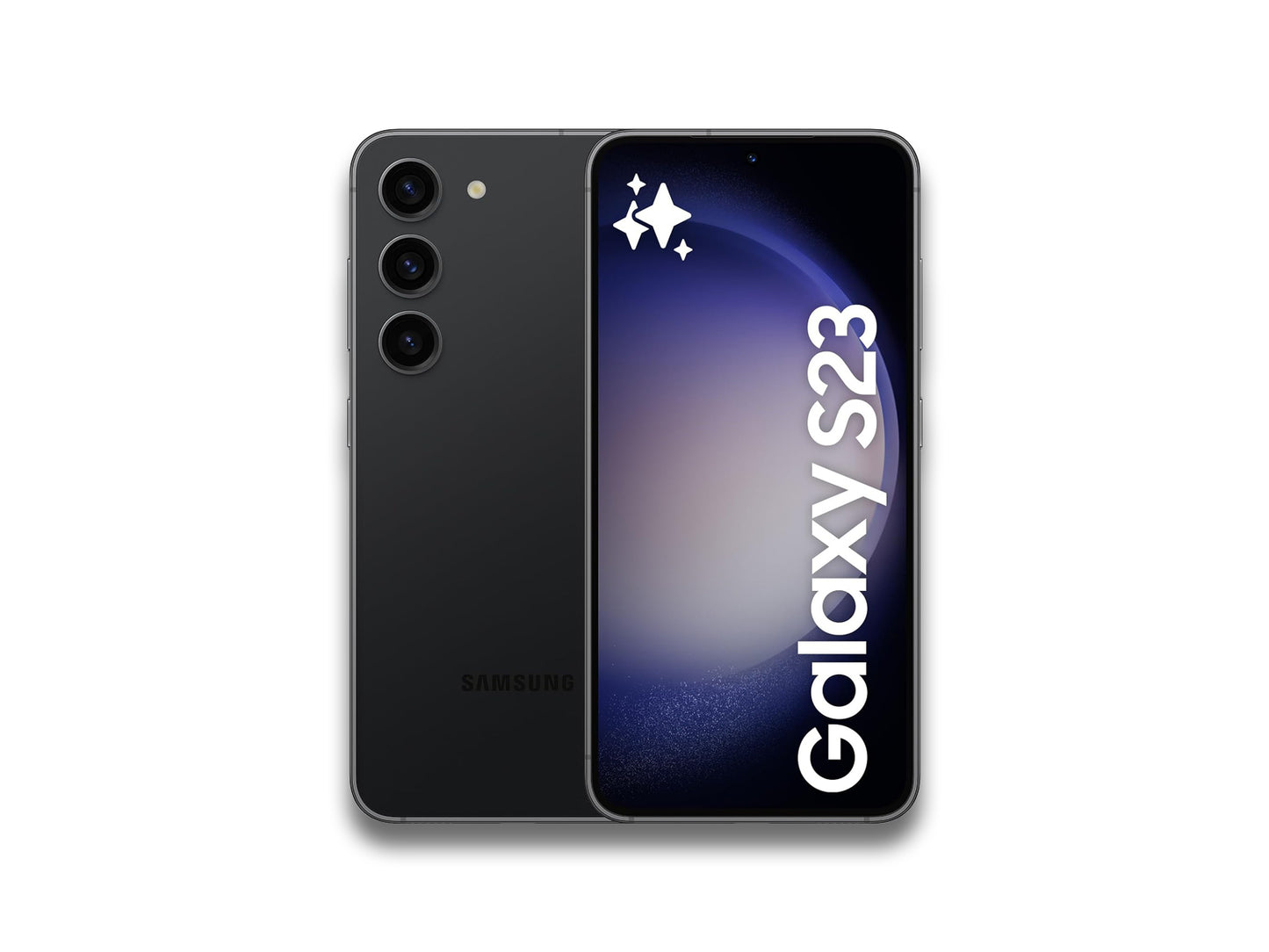 Image showing front and back view of the black samsung galaxy s23 on the white background with bit of shadow in the bottom.
