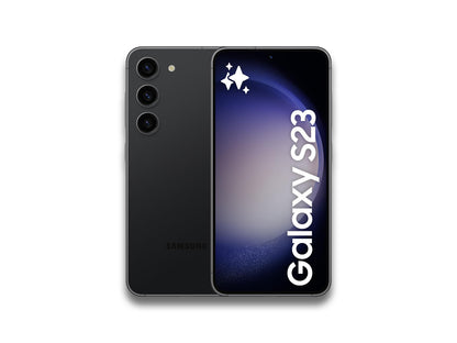 Image showing front and back view of the black samsung galaxy s23 on the white background with bit of shadow in the bottom.
