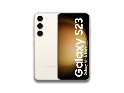 Image showing front and back view of the cream samsung galaxy s23 on the white background with bit of shadow in the bottom.
