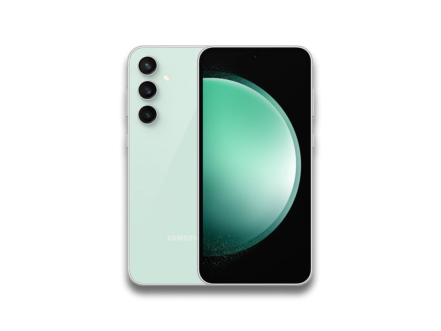 Image showing front and back view of the green samsung galaxy s23 on the white background with bit of shadow in the bottom.
