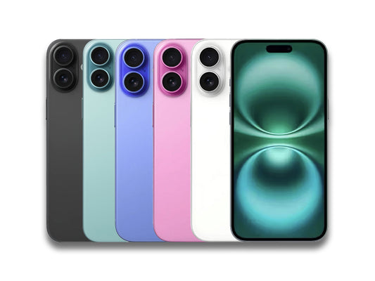 Rząd iPhone’ów w różnych wersjach kolorystycznych na białym tle