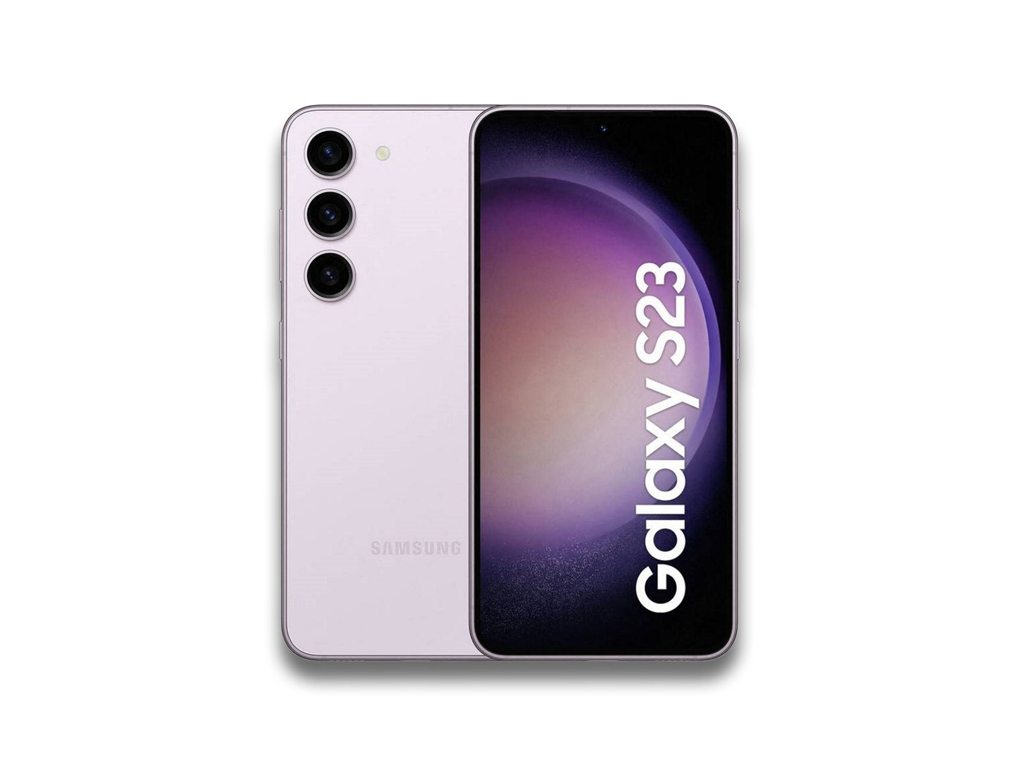 Image showing front and back view of the lavender samsung galaxy s23 on the white background with bit of shadow in the bottom.