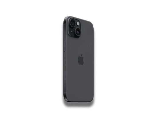 Image showing left back side view of the black iPhone 15 on the white background