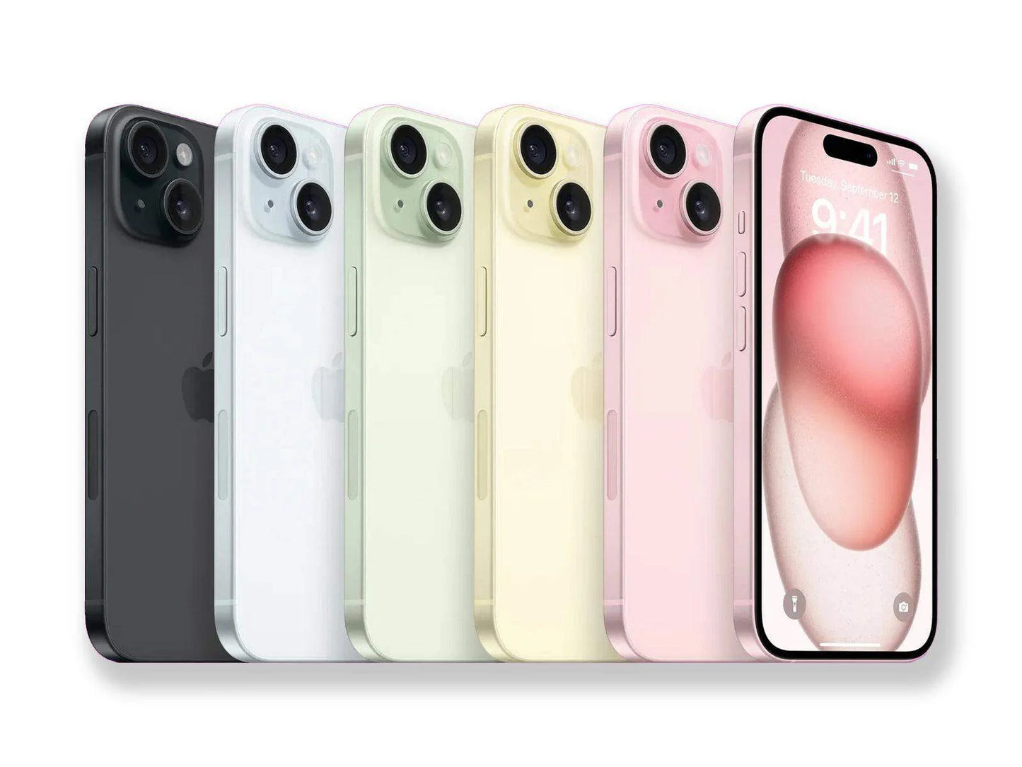 Row of smartphones in various colors on a white background