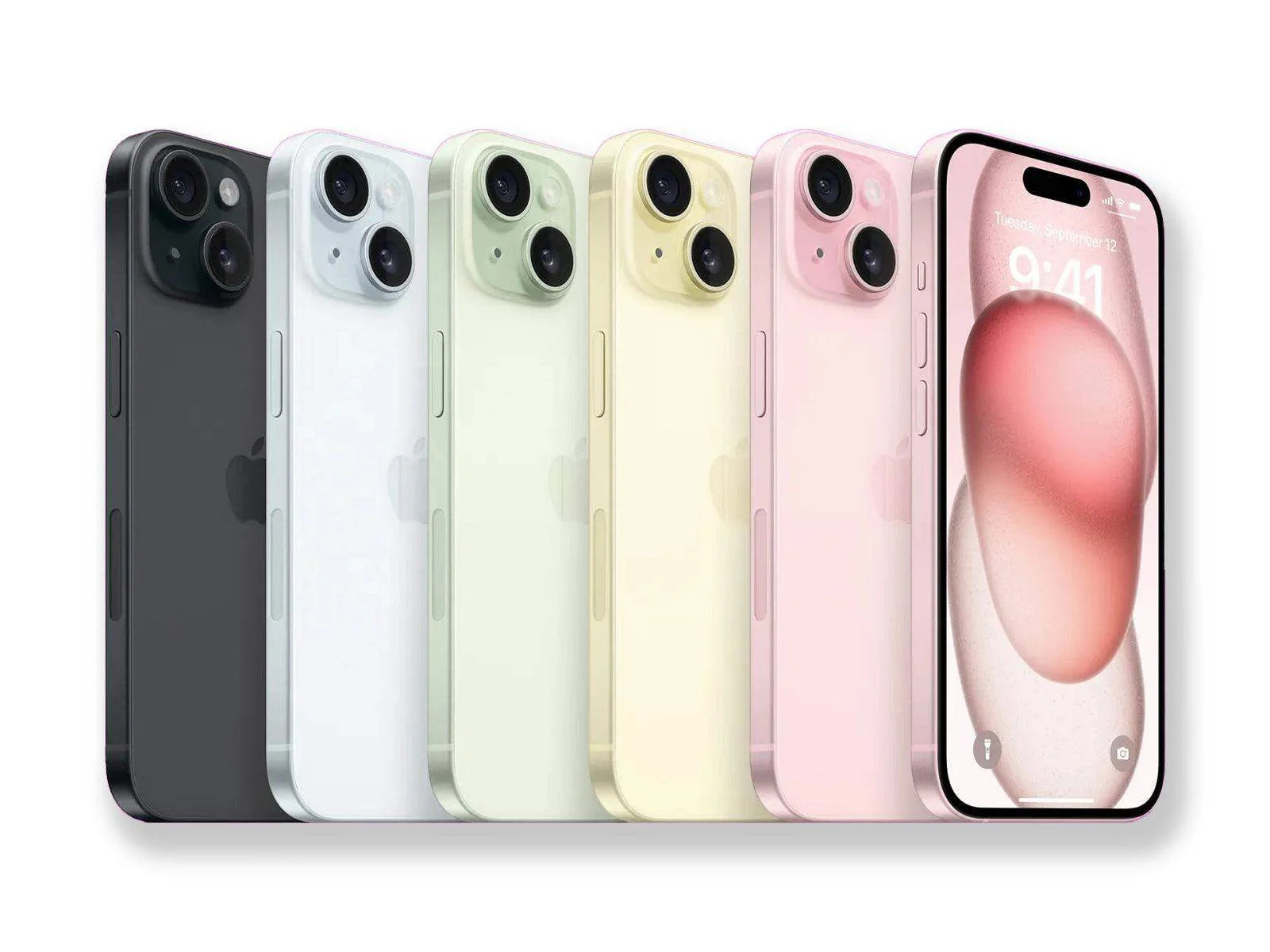 Row of smartphones in various colors on a white background